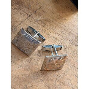 Vintage Silver-Toned Square Cufflinks With Engraved Leaf Design In Gift Box